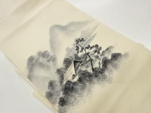 作家物　塩瀬手描き家屋風景模様名古屋帯